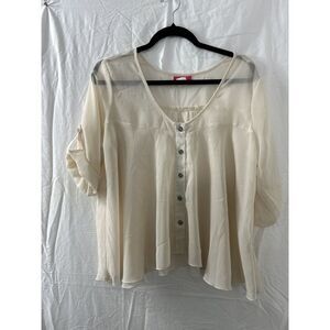 Vintage Analogy Button Up Sheer Y2K Shirt Roll Sleeve Flowy V-neck Womens Size L